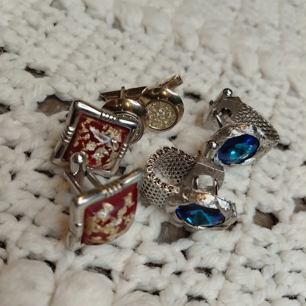 Vtg Lot 2 Swank & 1 Hickok Cufflinks Mesh Wrap Blue Cabochon Luxury‎ Designer